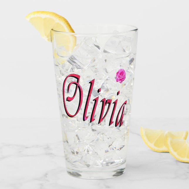 Verre Logo du nom Olivia avec rose, (Devant glace)