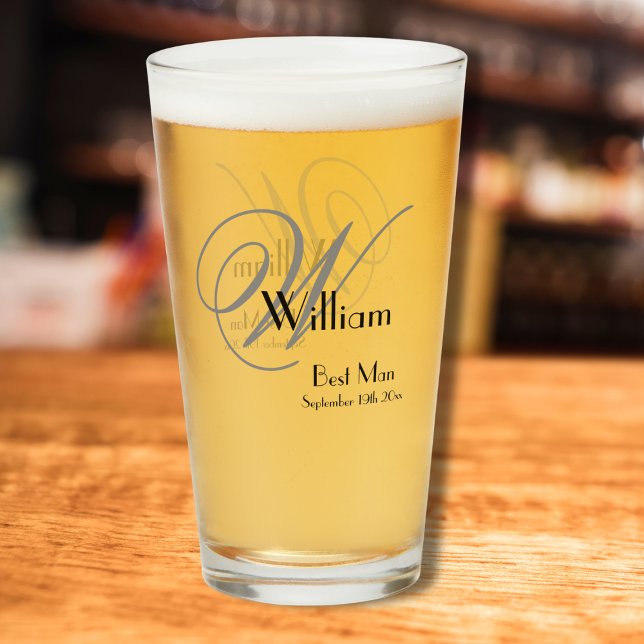Verre Mariage Best Man Cadeau Élégant Monogramme & Nom C (The Elegant Monogram with Name and Date makes for a Cool Pint Glass Gift for your Best Man.)