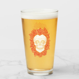 Verre Memento Mori ! Crâne et Roses, main tirée