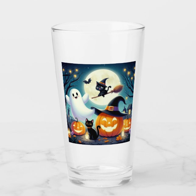 Verre Mignonne, citrouille d'Halloween, chat & fantôme (Devant)