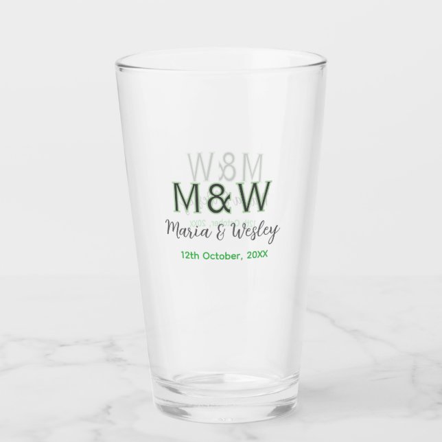 Verre Monogramme couple gris vert moderne date romantiqu (Devant)