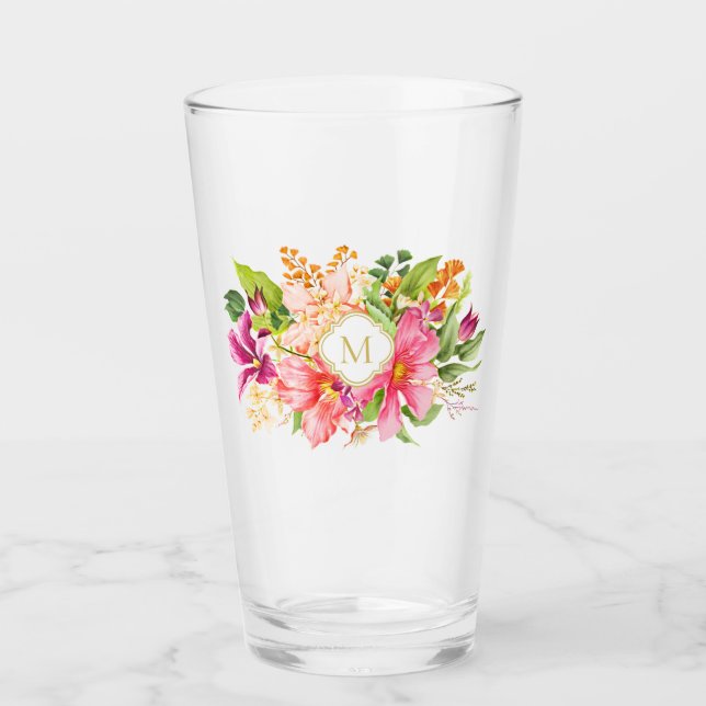 Verre Monogramme Elégante Fleurs Vintages Pink Pastel (Devant)