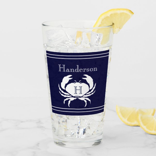 Verre Monogramme Marine Bleu Crabe Blanc Nautique (Dos glace)