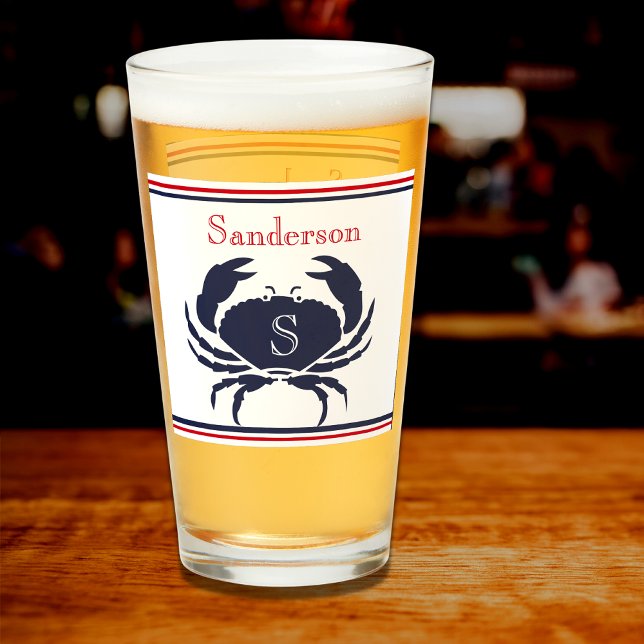 Verre Monogramme Rouge Blanc Marine Crabe Bleu Glas naut (Créateur téléchargé)