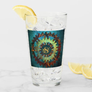 Verre Monogramme Steampunk Verdigris Rusty Cogwheel