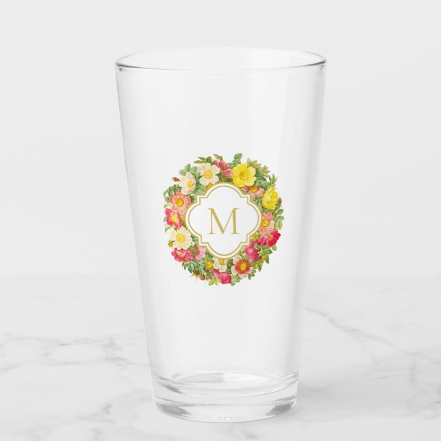 Verre Monogramme Vintage Floral Wreath Wild Roses (Devant)