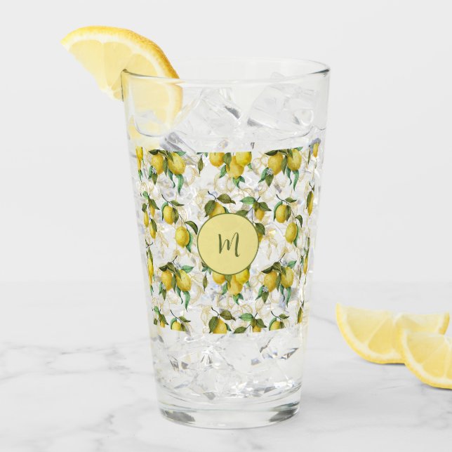 Verre Motif d'aquarelle au citron avec monogramme initia (Devant glace)