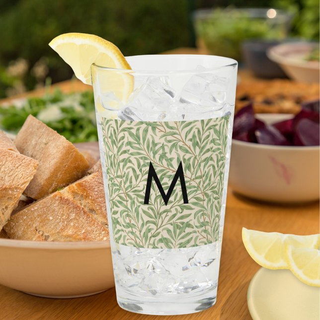 Verre Motif ramée de saule de William Morris avec monogr (An elegant monogrammed glass tumbler, with William Morris 'Willow Bough' pattern)