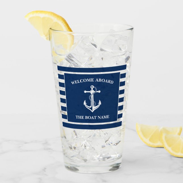 Verre Nautical Navy Blue Welcome Aboard Nom du bateau An (Devant glace)