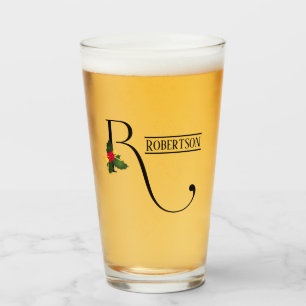 Verre Noël Holly Monogramme R Bière personnalisée