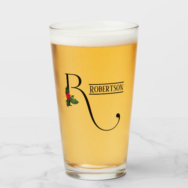 Verre Noël Holly Monogramme R Bière personnalisée (Devant (rempli))