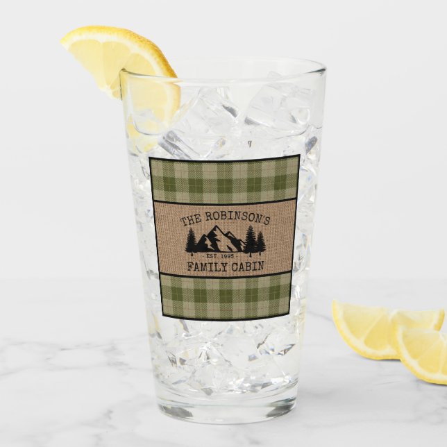 Verre Nom de famille Cabine Arbres Sage Green Plaid Burl (Devant glace)