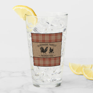 Verre Nom de famille Farmhouse Vintage Red Plaid Burlap
