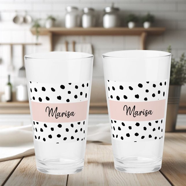 Verre Nom du monogramme moderne | Points rose et noir Pa (Créateur téléchargé)