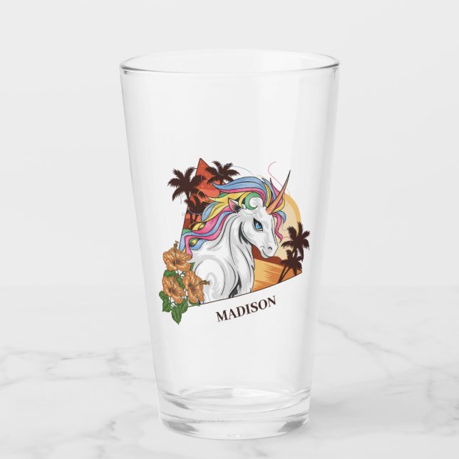 Verre Nom et texte personnalisés licorne tropicale (Devant)