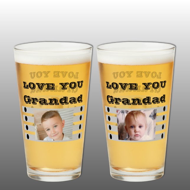 Verre On aime papi deux photos noir gris bière (Beer Glass gift for Grandad)