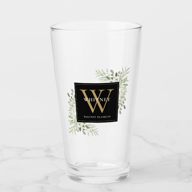 Verre Or noir Monogramme Élégant Moderne Verdure (Devant)