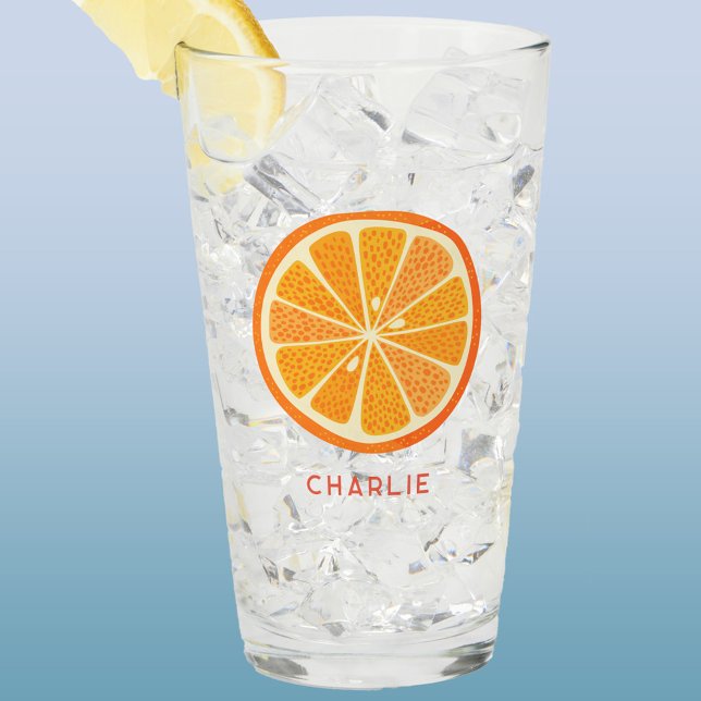 Verre Orange Citron Personnalisé (Fresh orange fruit slice glass tumbler or beer glass with personalized custom name text)