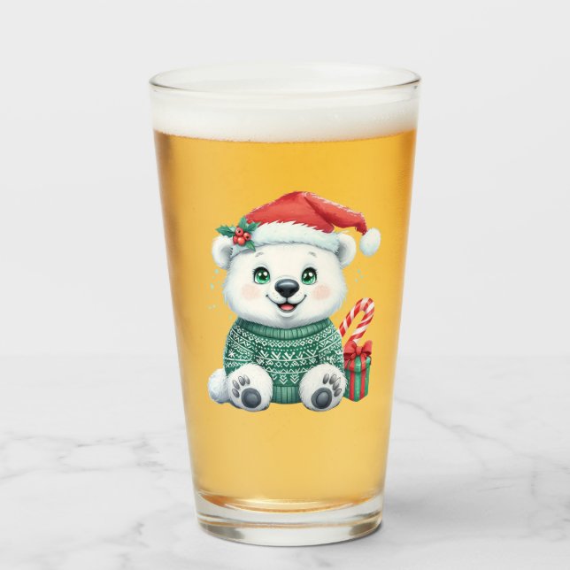 Verre Ours polaire de Noël mignon en pull festif (Devant (rempli))