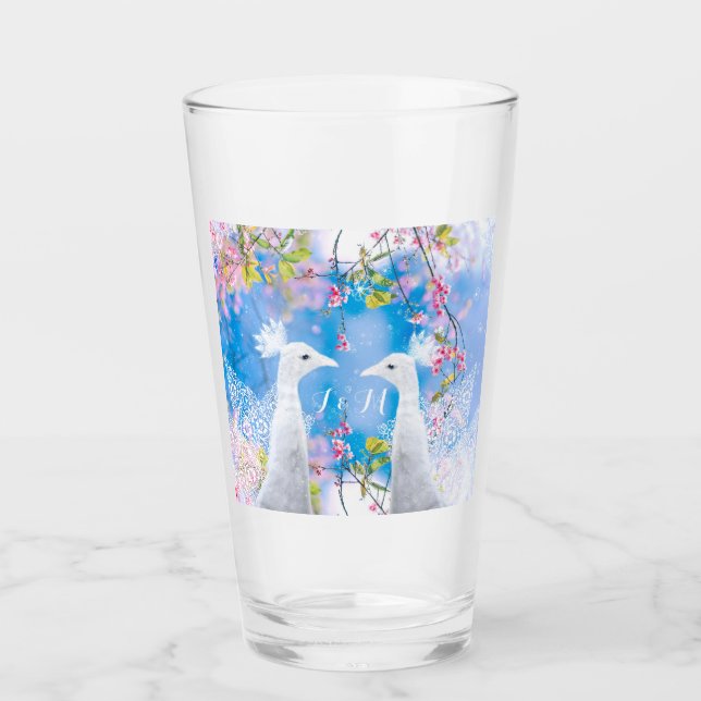 Verre Paon blanc et sakura fleurie /personnalisable (Devant)
