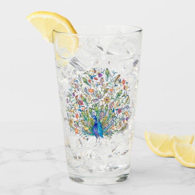 Verre Paon floral aquarelle  (Devant glace)