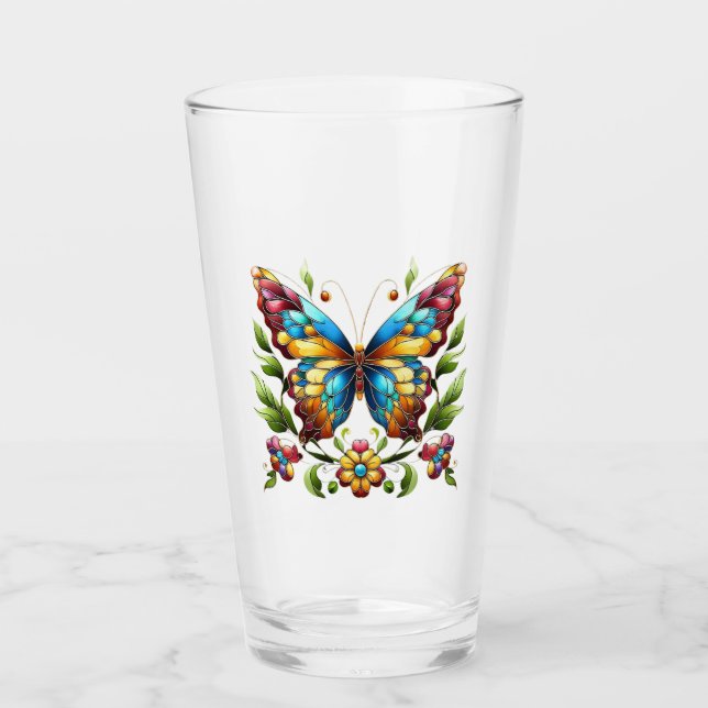 Verre Papillon en vitrail coloré avec fleurs (Devant)