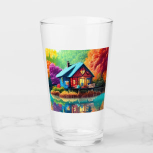 Verre Paysage naturel avec lac, chalet, automne