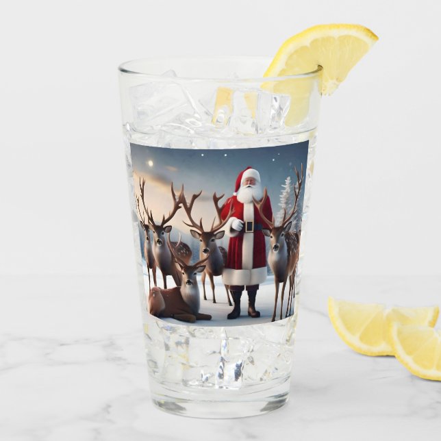 Verre Père Noël Posant Avec Ses Rennes, (Dos glace)