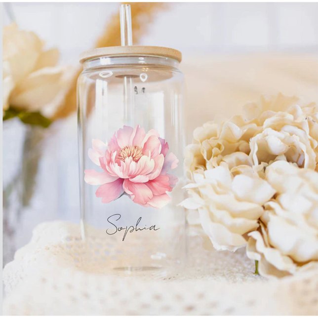Verre personnalisé Pivoine Aquarelle Rose  (Verre Fleur de naissance personnalisé avec prénom)