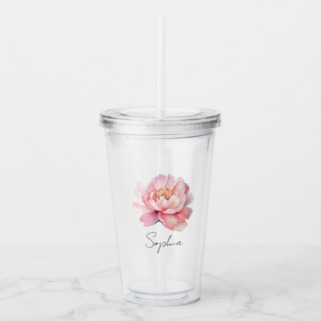 Verre personnalisé Pivoine aquarelle rose prénom (Devant)