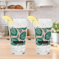 Pink & Green Palm Feuille Motif & nom