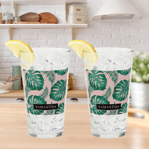 Verre Pink & Green Palm Feuille Motif & nom
