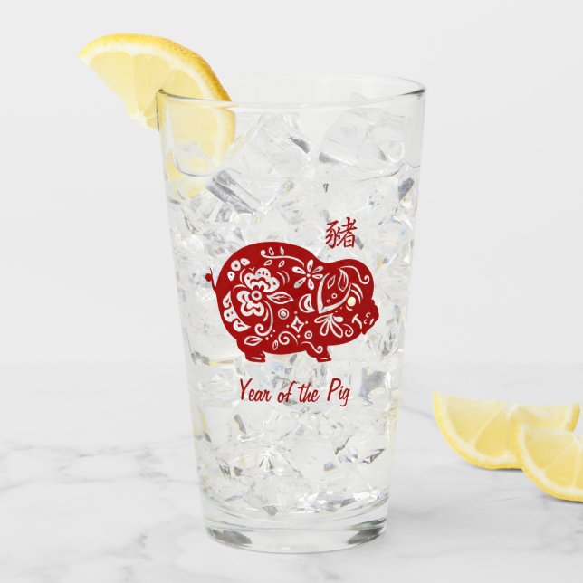Verre Porc chinois rouge fleuri (Devant glace)