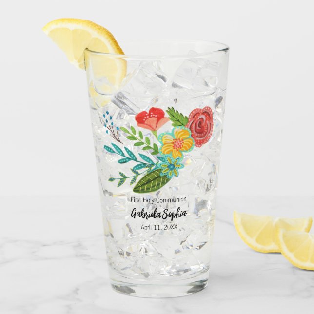 Verre Première Communion Fleurs colorées (Devant glace)
