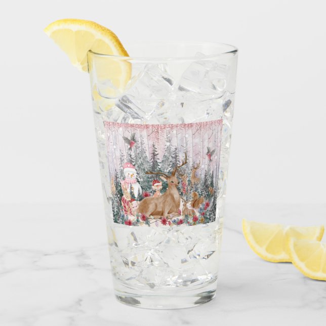Verre Rinder d'aquarelle rose, Snowman Joyeux Noël (Devant glace)