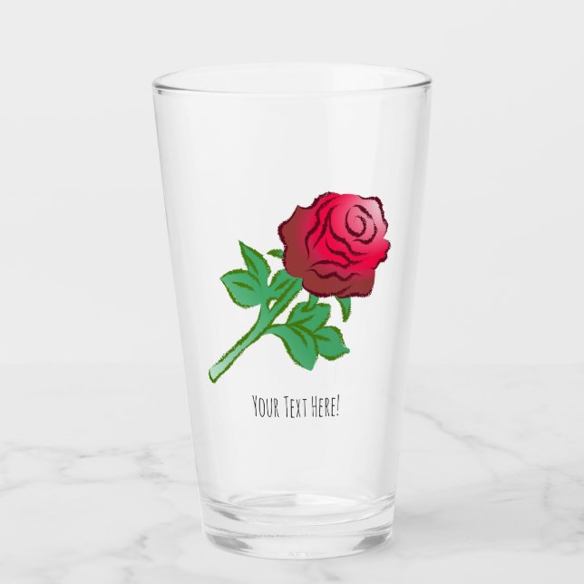 Verre Rose rouge avec feuilles vertes (Devant)