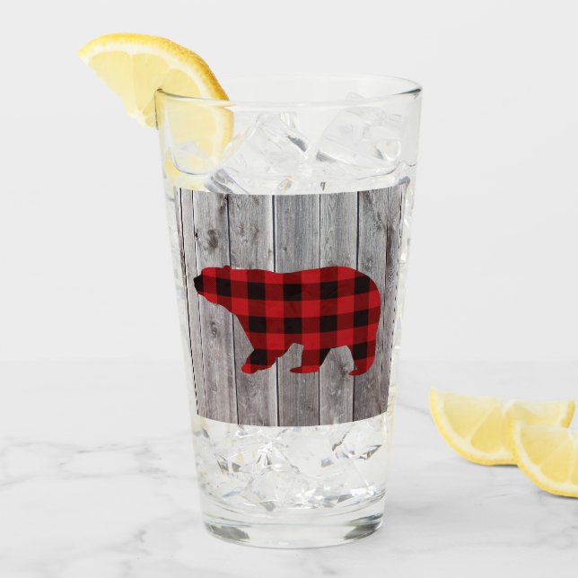 Verre ruodland barn wood red buffalo plaid bear (Devant glace)
