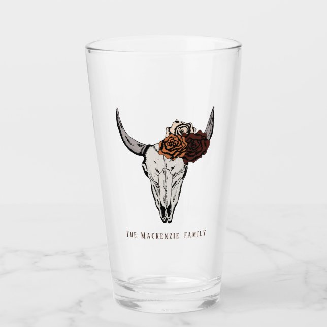Verre Rustic Bull Skull et Rose Nom de famille (Devant)