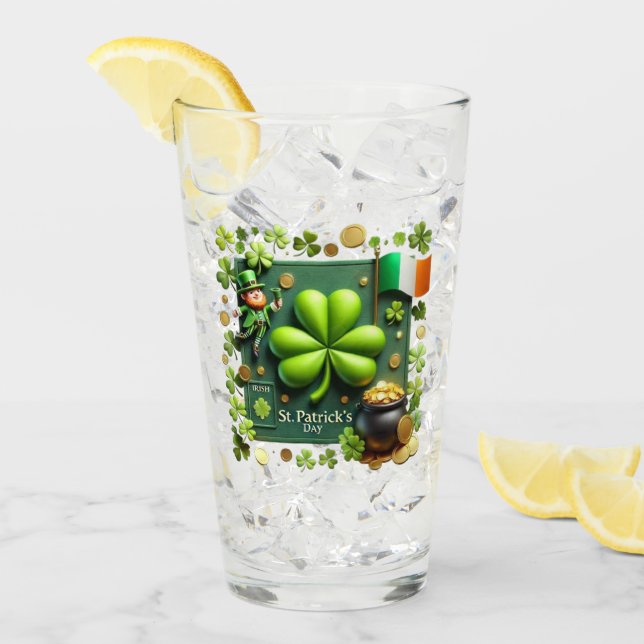 Verre Saint Patrick's Day Shamrock et Leprechaun Pint (Devant glace)