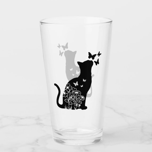 Verre Silhouette Chat & Papillons, Amoureux des chats, P (Devant)