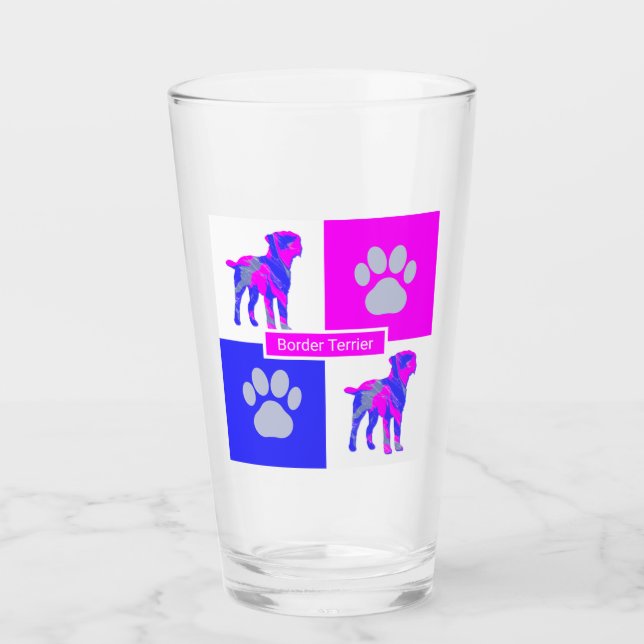 Verre Silhouette de Border Terrier Chien & Patte Rose &  (Devant)