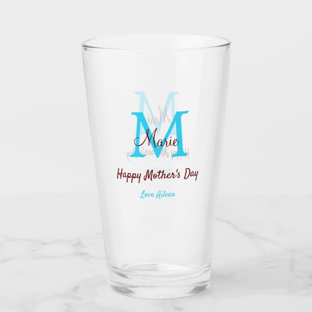 Verre simple minimum jour mère bleu monogramme rose nom (Devant)