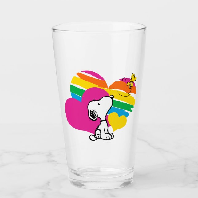 Verre Snoopy et Woodstock | Coeurs arc-en-ciel (Devant)