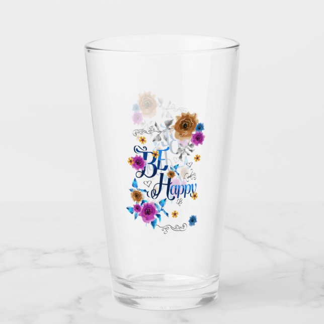 Verre Soyez heureux Quote Positive Bleu Purple Or Fleurs (Devant)