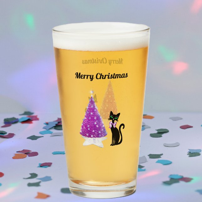 Verre Sparkle Pink Silver Christmas Tree Black Cat Bow (Sparkle pink silver tree black cat pink bow on Merry Christmas drinking glass.)
