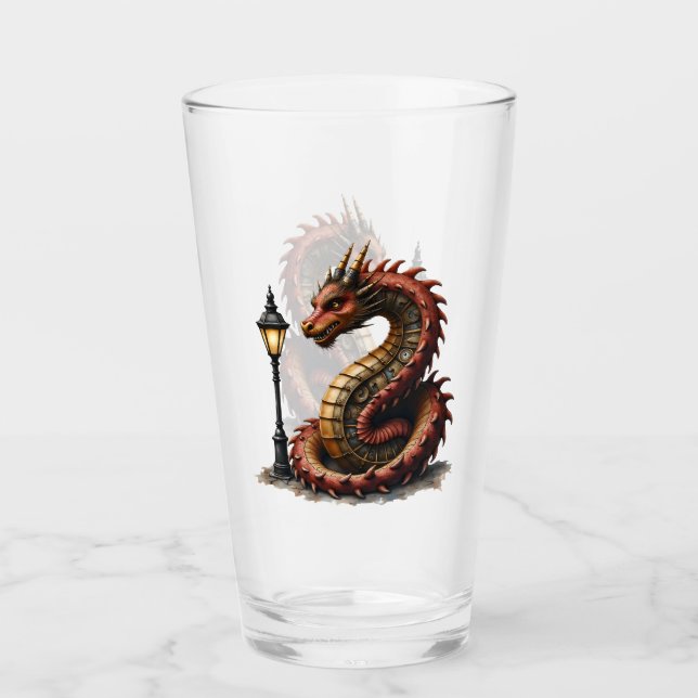 Verre Steampunk Dragon à côté d'un lampadaire vintage. (Devant)