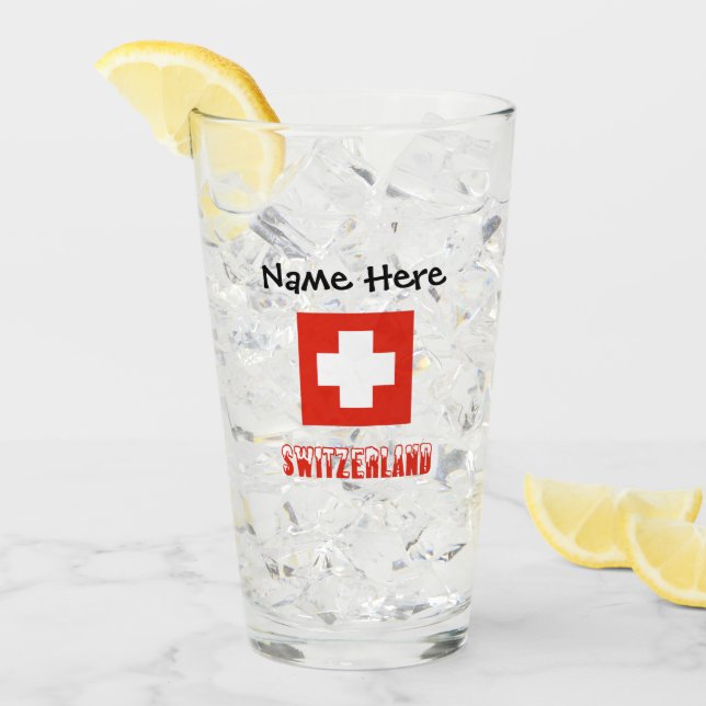 Verre Suisse et drapeau suisse avec votre nom (Devant glace)
