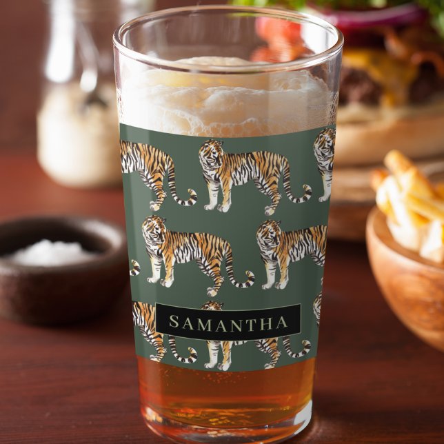 Verre Tigres d'aquarelle verte tropicale Motif avec nom (Créateur téléchargé)