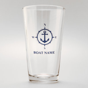 Verre Votre nom de bateau Bleu Ancre Compass