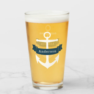 Verre White Nautical Ancre & Navy Ribbon Nom de famille